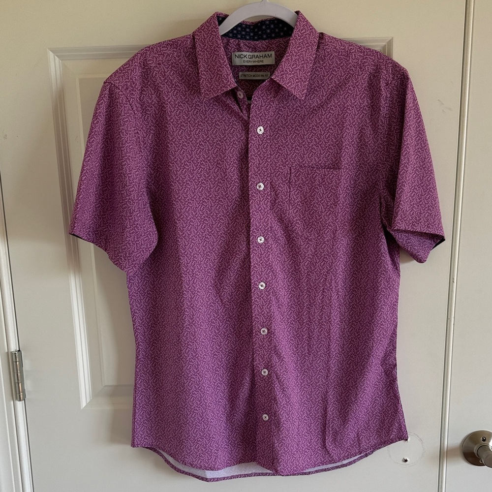 Nick Graham Stretch Modern Fit Short-Sleeve Blue Button-Up Shirt Size Medium